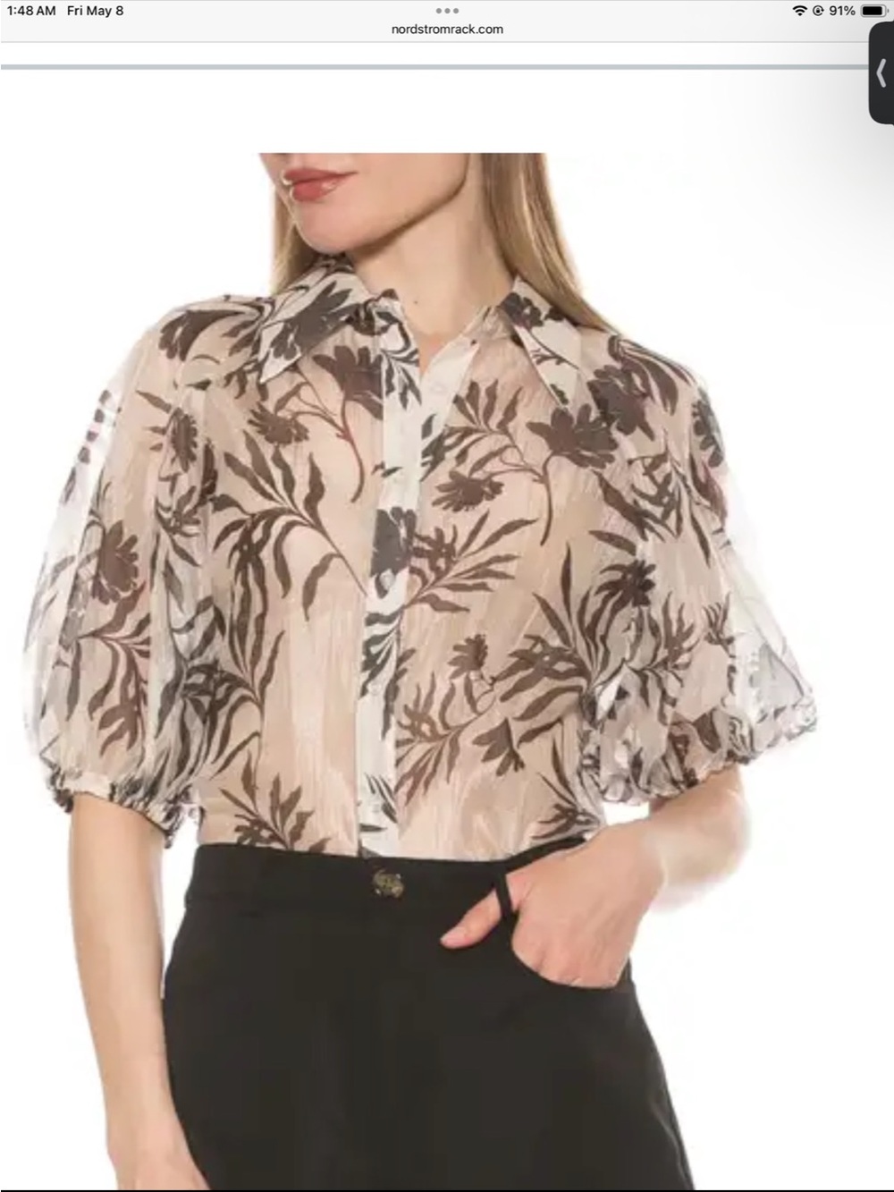 Alexia Admor Beige Sheer Button-Down Blouse with Brown Floral Print